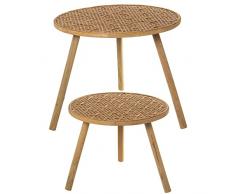DRW Set de 2 mesas Redondas de Madera y Mimbre en Natural 55x46cm y 44x36cm