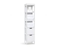 Meerveil Armario Baño Columna, Mueble Baño Auxiliar Estrecho con 3 Estantes Abiertos y 2 Cajones, 30 x30 x144 cm Madera Pintada Blanco Almacenaje Baño, para Cuarto de Baño Sala Cocina
