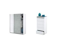 Habitdesign Armario Ropero, Dormitorio, Armario 2 Puertas correderaso + Cómoda, Sinfonier 5 Cajones, Modelo Tekkan, Acabado en Blanco Artik y Gris Cemento