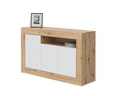 Habitdesign Aparador 3 Puertas, Buffet para Salon, Armario Auxiliar, Modelo Baltik, Acabado en Color Blanco Artik y Roble Nodi, Medidas: 144 cm (Ancho) x 87 cm (Alto) x 42 cm (Fondo)