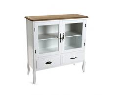 Versa 21080038 Vitrina Asis con 2 cajones y Puertas con Cristal, Madera de Pino Zelanda, Blanco y marrón, 96 x 35 x 90 cm