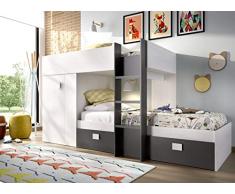 DEKIT Cama Juvenil Tipo Tren, 2 Camas, Artic+Grafito, Sencillo