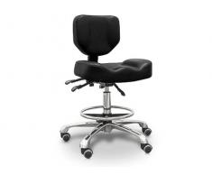 QUIRUMED Taburete hidráulico con Respaldo, Asiento reclinable y reposapiés, Color Negro, tapizado en Polipiel, Acero Cromado, Antideslizante, Ergonómico