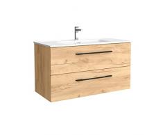 Salgar Mueble de baño Morai 100 cm 100% montado de fábrica | Acabado Roble Tirador Negro suspendido 2 cajones Cierre amortiguado | Lavabo Porcelana Blanca | Marca