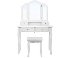 SONGMICS Mesa Tocador para Maquillaje, Bucólico Blanco con Espejo Plegable, con Taburete y 4 Cajones RDT07W