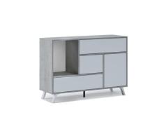 Skraut Home | Aparador para Salón o Comedor | 86 x 120 x 40 cm | Buffet con 1 Puerta + 3 Cajones | Modelo Wind | Madera Resistente | Acabado Cemento/Blanco