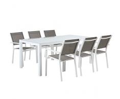 DRW Set Mesa y sillas de Jardin de Aluminio y Cristal Templado Blanco y Marron Set de 7 Piezas 105X70X105 cm