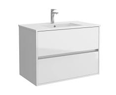 Conjunto Mueble baño 80 cm con Lavabo 100% montado de fábrica | Modelo Noja color Blanco lacado Brillo suspendido 2 cajones cierre amortiguado Tiradores tipo uñero con Lavabo porcelana blanca