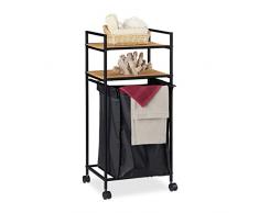 Relaxdays Carrito Baño con 2 Estantes, Estantería, Cesta Ropa Sucia, Metal-Bambú, 1 Ud, 89,5x39x32,5 cm, Negro-Marrón, 89.5x39x32.5 cm