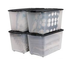 Iris Ohyama, Caja de almacenajeen, Caja de almacenaje Multifunción, lote de 4 Cajas de plástico 70 L, Tapa, Asa ergonómica, Ático, Habitación - Top Box Roller TBR-70 - Negro