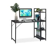 Relaxdays, 121 x 120 x 62 cm, Negro Escritorio & Estantería, Cuatro estantes, Mueble Moderno, DM-Metal