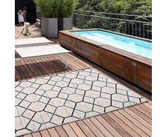 Universal Alfombra Étnica con Motivos Geométricos Indoor-Outdoor En Blanco y Azules, Elba Geométrica Blanco, 80 x 150 cm