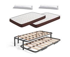 HOGAR24 ES Cama Nido Metálica Reforzada con 6 Patas + 2 Colchones Viscobrown + 2 Almohadas de Fibra Tacto Pluma, 90x190 cm