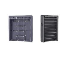 SONGMICS - Armario Ropero, Fieltro, Color Gris, 175 X 150 X 45 Cm + Estante para Zapatos De 10 Niveles con Tapa Antipolvo, Armario para Guardar Zapatos
