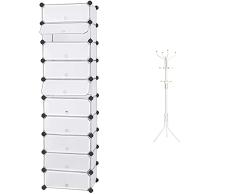 SONGMICS Lpc10W - Zapatero Modular, Zapatero Cubos, Estantería Modular Para Bricolaje De 10 Ranuras + Rcr19W - Perchero De Pie Lacado, Colgador Metálico Para Ropa, Gorros