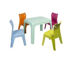 RESOL Set Jan Cat Mesa Infantil con Sillas | 4 Sillas Niños y Mesa de Plástico | Apilables y de Muy Fácil Limpieza y Mantenimiento | Mesa Aqua + 4 Sillas Fucsia/Naranja/Lima/Azul