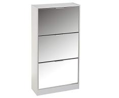 LOLAhome Zapatero Blanco de Madera MDF de 3 Puertas con Espejo de 115x24x60 cm