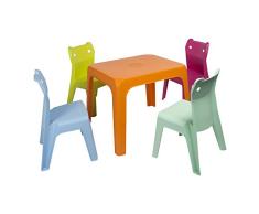 RESOL Set Jan Cat Mesa Infantil con Sillas | 4 Sillas Niños y Mesa de Plástico | Apilables y de Muy Fácil Limpieza y Mantenimiento | Mesa Naranja + 4 Sillas Fucsia/Aqua/Lima/Azul