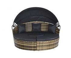 DRW Cama Chill out con toldo Ratan Sintetico Marron y Negro Desmontable en Sofa y Puff Ideal Jardin Patio Discoteca 175X175X145 cm