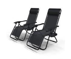 VOUNOT Set de 2 Tumbona Plegable Multiposicione Jardín, Silla Gravedad Cero Reclinable, con Soporte para Bebidas y Reposacabezas Axtraíble, Carga máxima 120kg, Negro