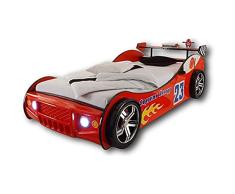 Stella Trading Cama Energy con iluminación LED 90 x 200 cm-Emocionante Cuna de Coche para pequeños Corredores en Rojo, Engineered Wood, 105 x 60 x 225 cm