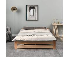 Fairyood Cuna futón Cama Madera Maciza con cabecero y somier, Natural (200x140cm), Naturaleza, 205x147x49cm