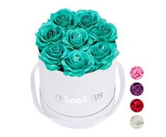 Relaxdays Rosas Artificiales, Caja de Flores Blanca, 8 Unidades, Ramo Decorativo, Flower box, Cartón-Tela-PP, Turquesa