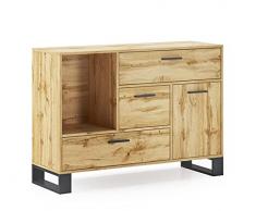 Skraut Home | Aparador para Salón o Comedor | 86 x 120 x 40 cm | Buffet con 1 Puerta + 3 Cajones | Modelo Loft | Madera Resistente | Acabado Roble