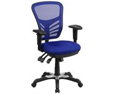 Flash Furniture Silla de Oficina ergonómica giratoria ejecutiva multifunción de Malla Azul con Brazos Ajustables