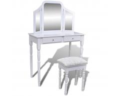vidaXL Tocador con espejo 3 en 1 taburete y 2 cajones blanco