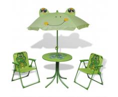 vidaXL Juego de mesa y sillas de jardín infantil con sombrilla verde
