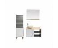 Mueble de baño con columna, lavabo y espejo blanco y madera LAÏTA - Miliboo