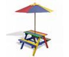 vidaXL Mesa de picnic y bancos para niños con sombrilla 4 colores