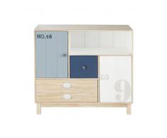 Cajonera de pino blanco y azul con 2 cajones y 2 puertas Marin