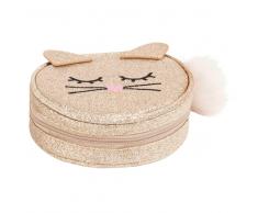 Joyero de gato rosa con purpurina dorada