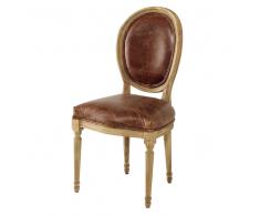 Silla con respaldo medallón de cuero y roble macizo marrón Louis