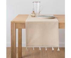 Camino de mesa con pompones de algodón beige irisado 40x150