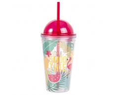Vaso con pajita de plástico y estampado tropical