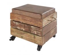 Taburete con almacenaje de madera reciclada y piel de cabra marrón