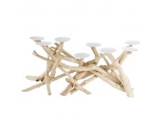 Candelabro de teca con 8 vasos de metal blanco