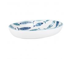 Fuente ovalada de loza blanca con motivos de peces azules