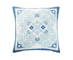 Cojín de exterior blanco con motivos decorativos de baldosa de cemento azul 45x45