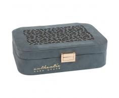 Joyero de terciopelo azul con motivos decorativos dorados