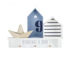 Colgador 3 ganchos 2 estantes con motivos decorativos azules y blancos