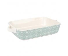 Fuente para gratinar de loza verde con motivos decorativos gráficos