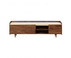 Mueble de TV con 3 puertas de acacia maciza y mármol blanco Cappuccino