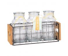 3 jarrones de cristal y cuerda con soporte de metal y madera de melocotonero