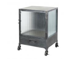 Mesa auxiliar con ruedas de metal negro y cristal estriado