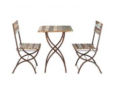 Mesa + 2 sillas de jardín de madera reciclada y metal con efecto envejecido L. 60 cm Collioure