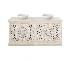 Mueble de lavabo doble de mango macizo tallado blanco con efecto envejecido Kerala